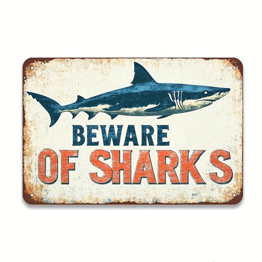 Vintage Retro Shark Warning Aluminum Sign — product artwork