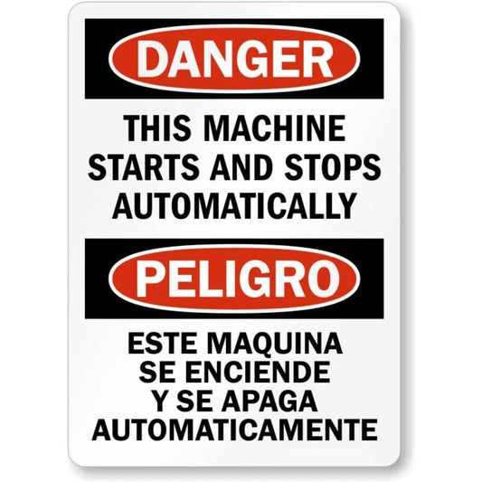 Bilingual Danger Machine Starts Automatically Aluminum Sign — product artwork