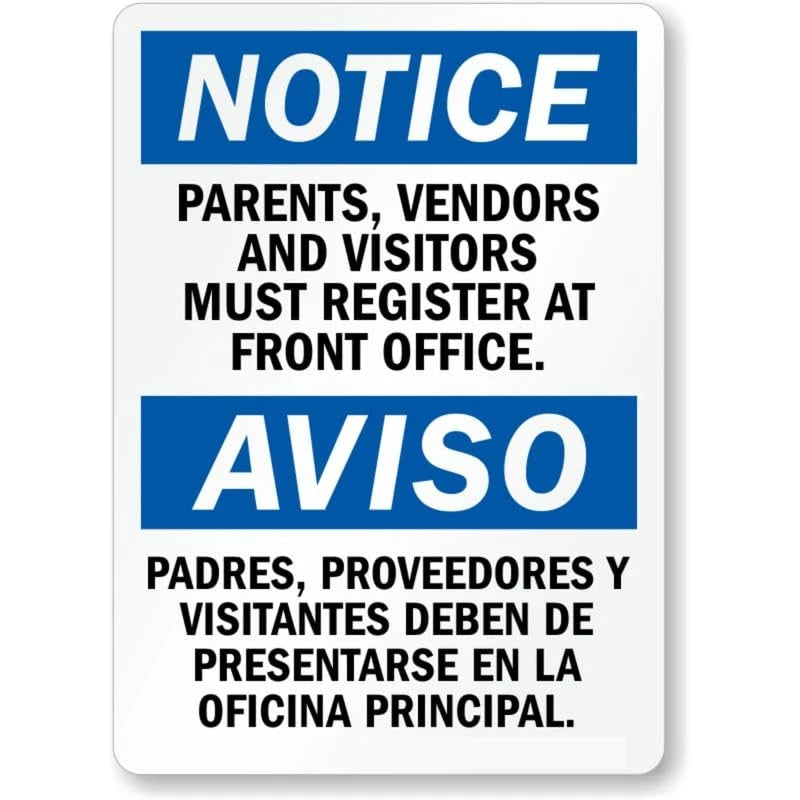 Bilingual Register at Office Aluminum Sign — product artwork