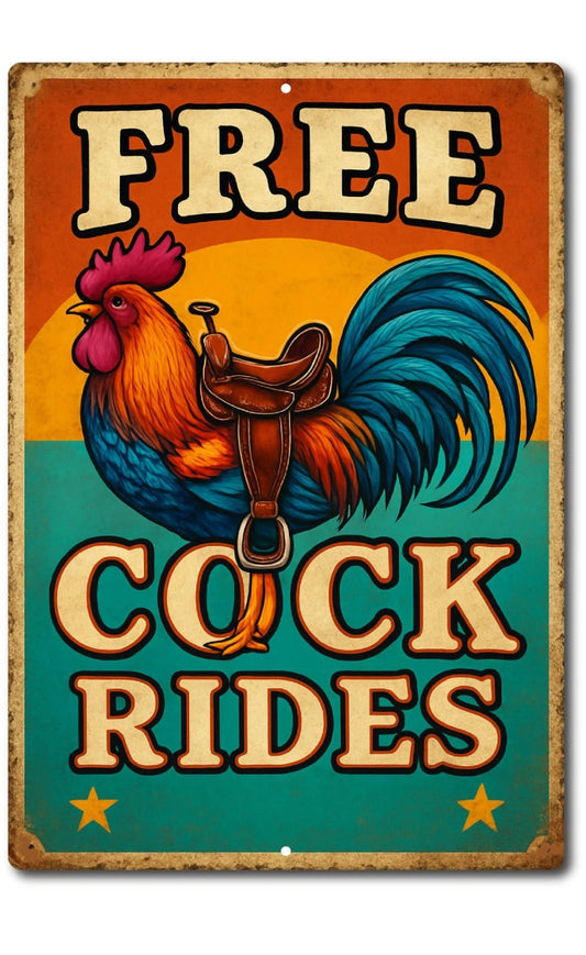 Free Cock Rides Rooster Humor Aluminum Sign — product artwork