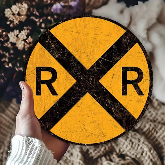 Railroad Crossing Funny Round Aluminum Sign — product artwork
