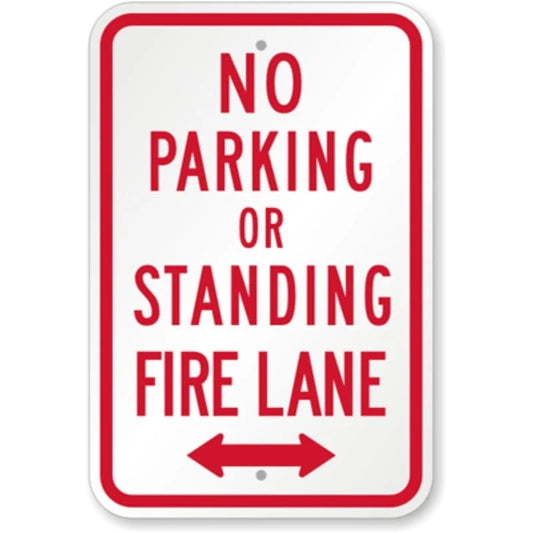 No Parking or Standing Fire Lane Arrow Aluminum Sign — product artwork