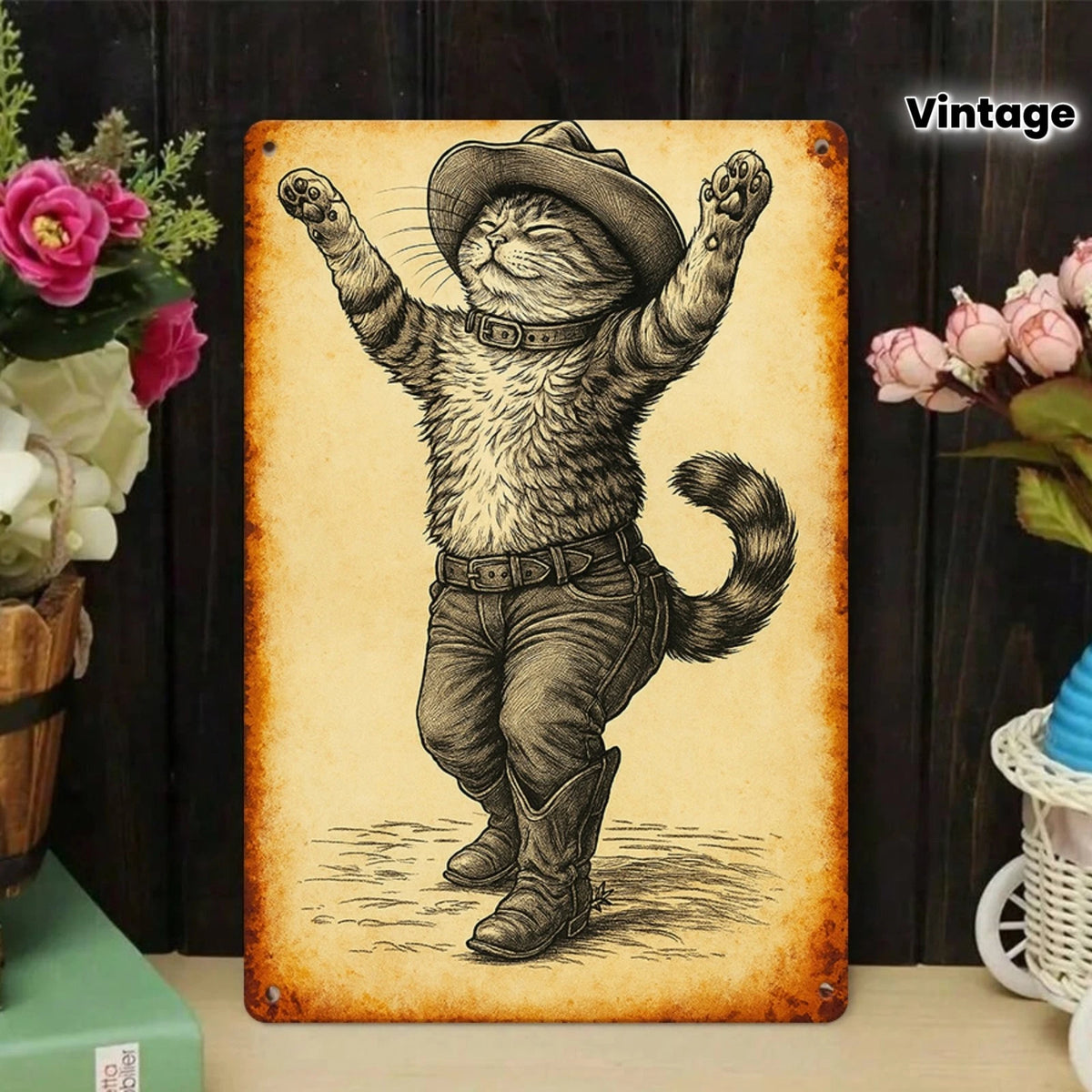 Vintage Cowboy Cat Funny Family Bedroom Aluminum Sign — product artwork