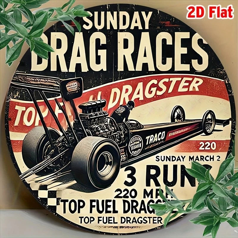 Vintage Car Retro Racing Muscle Dragster Round Aluminum Sign — product artwork