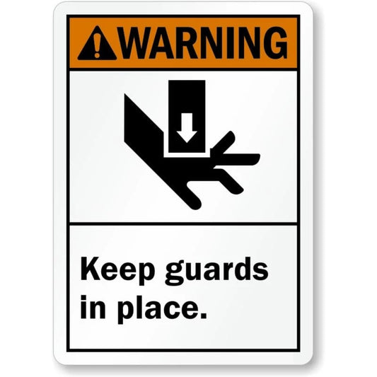 Guards in Place Warning Ansi Aluminum Sign — product artwork