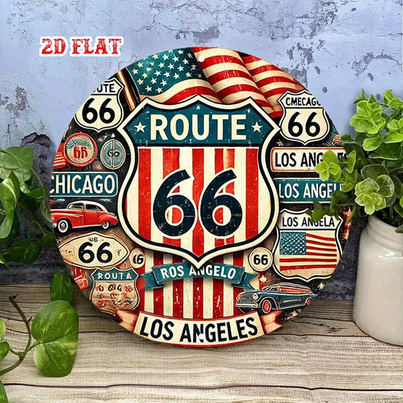 American Flag Vintage Route California Funny Round Aluminum Sign — product artwork