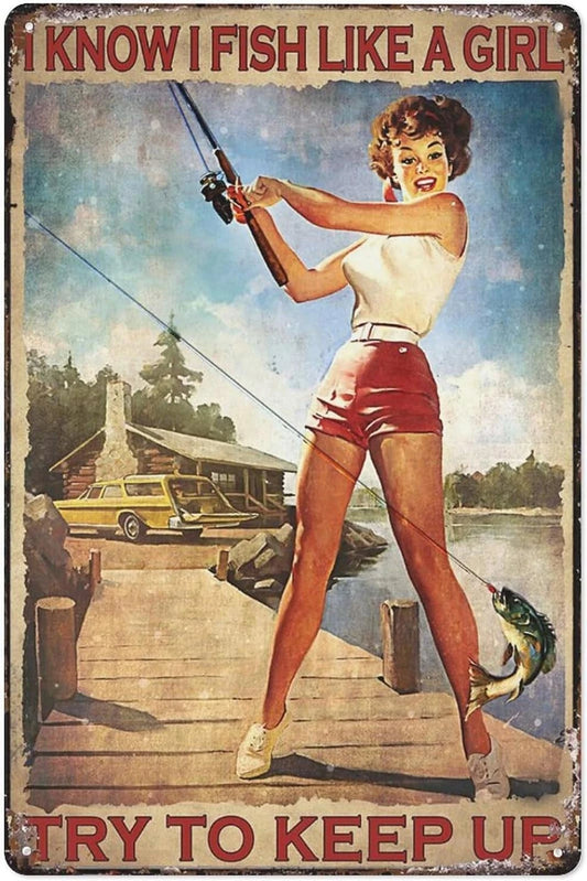 Fishing Rustic Retro Lady Fishing Funny Aluminum Sign — product artwork