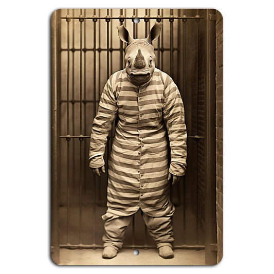 Vintage Rhino Prisoner Whimsical Art Aluminum Sign — product artwork
