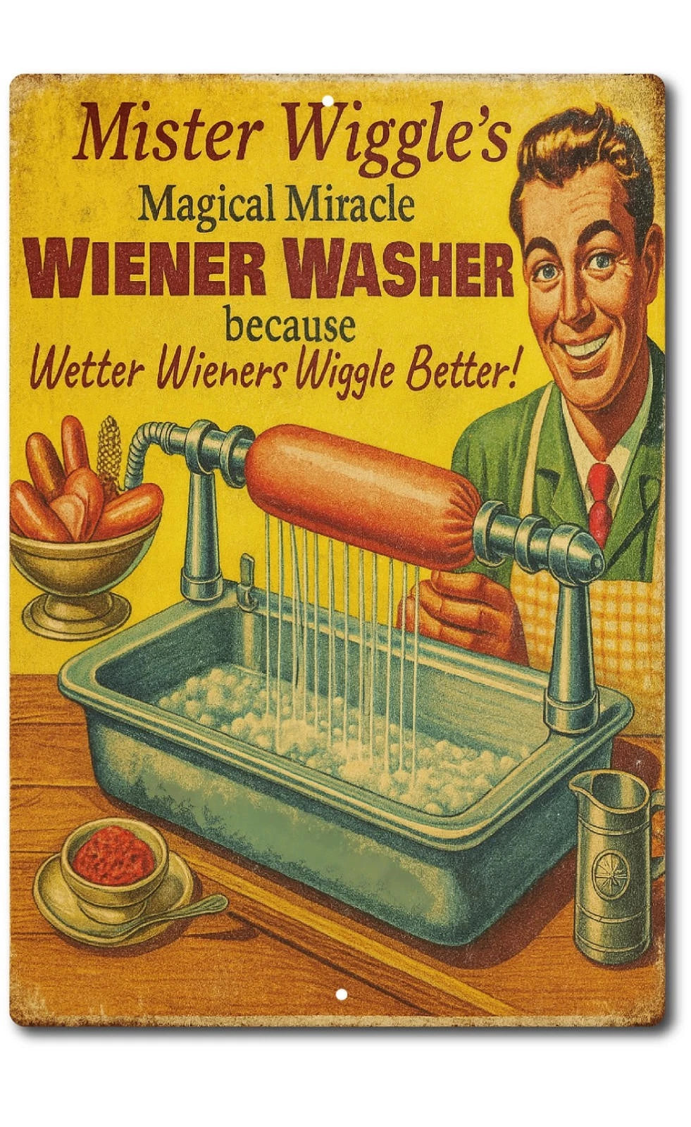 Mister Wiggle's Magical Miracle Wiener Washer Aluminum Sign — product artwork