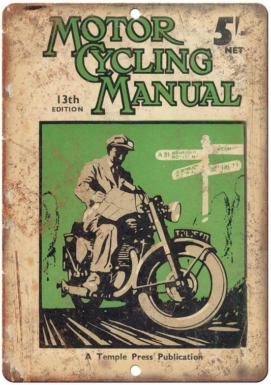 Vintage Motorcycling Manual Temple Press Aluminum Sign — product artwork