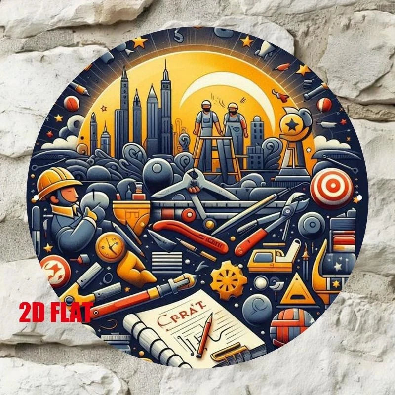 Labor Construction Funny Heroes Behind Cities Round Aluminum Sign — product artwork