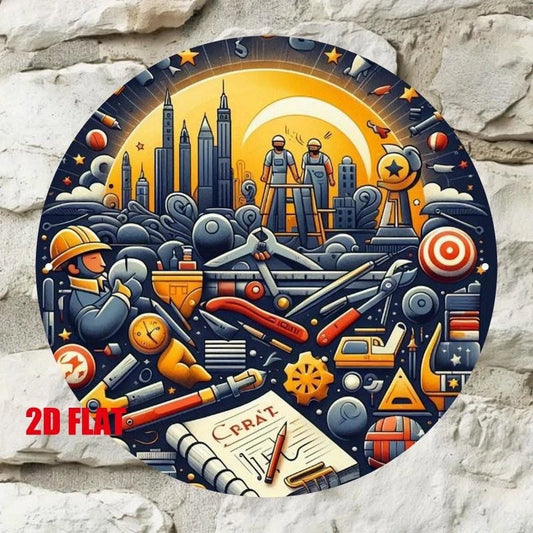 Labor Construction Funny Heroes Behind Cities Round Aluminum Sign — product artwork