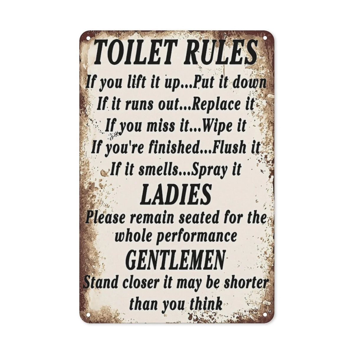 Toilet Rules Ladies and Gentlemen Funny Aluminum Sign — product artwork