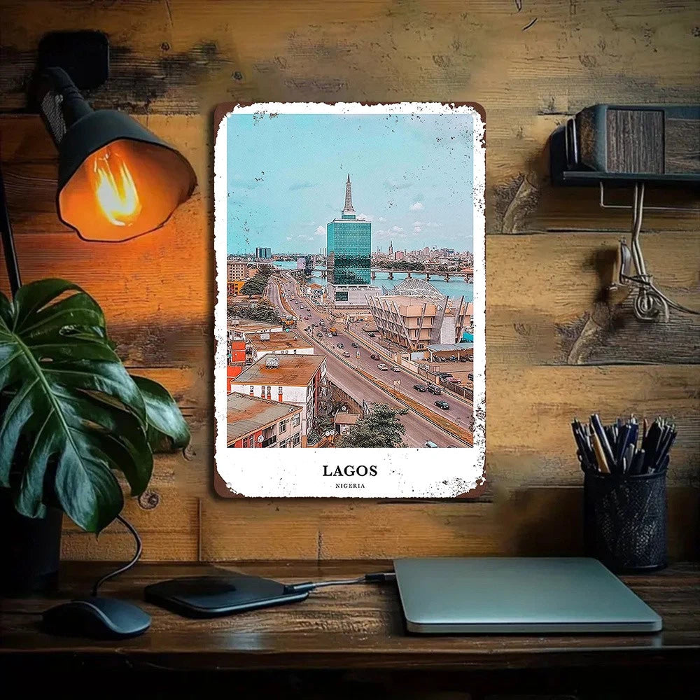 Vintage Lagos Nigeria City View Aluminum Sign — product artwork