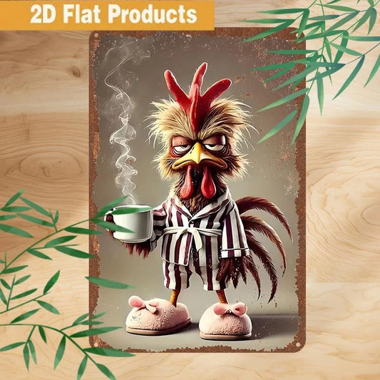 Grumpy Rooster with Coffee Funny Aluminum Sign — product artwork