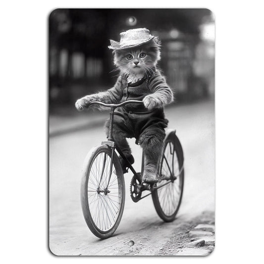 Retro Feline Cyclist Humor Aluminum Sign — product artwork