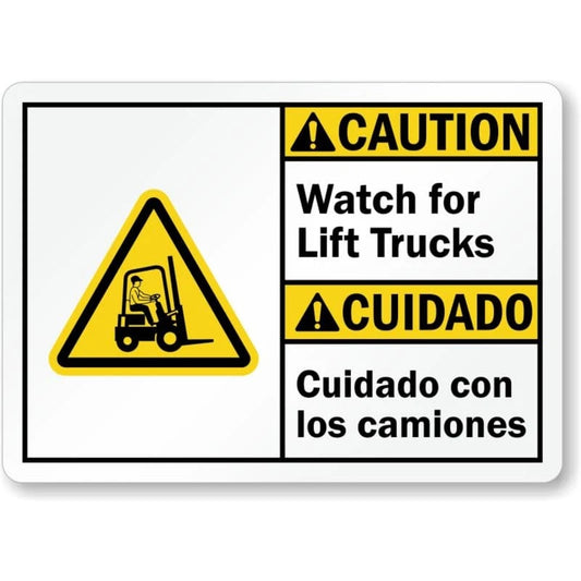 Bilingual Watch Lift Trucks Aluminum Sign — product artwork
