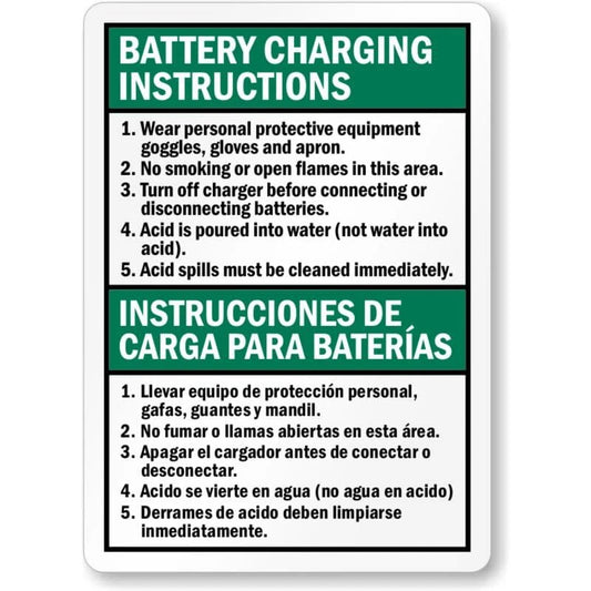 Battery Charging Instructions Bilingual Aluminum Sign — product artwork