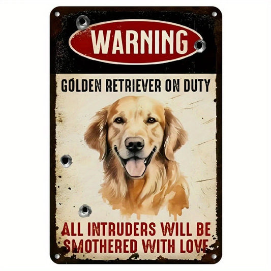 Golden Retriever on Duty Intruders Will Be Mothered Aluminum Sign — product artwork
