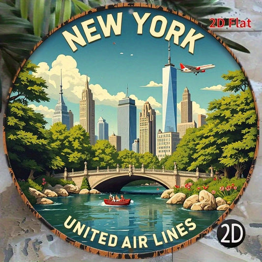 New York United Air Lines Travel Poster Round Aluminum Sign — product artwork