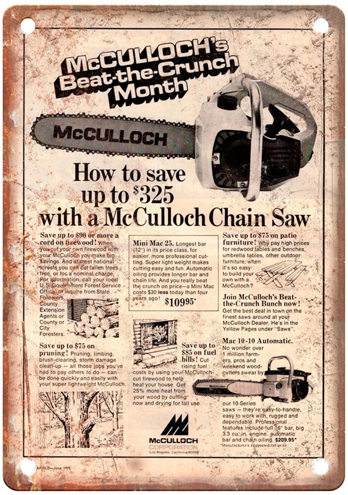 Vintage Chain Saw 1975 Mcculloch Aluminum Sign — product artwork