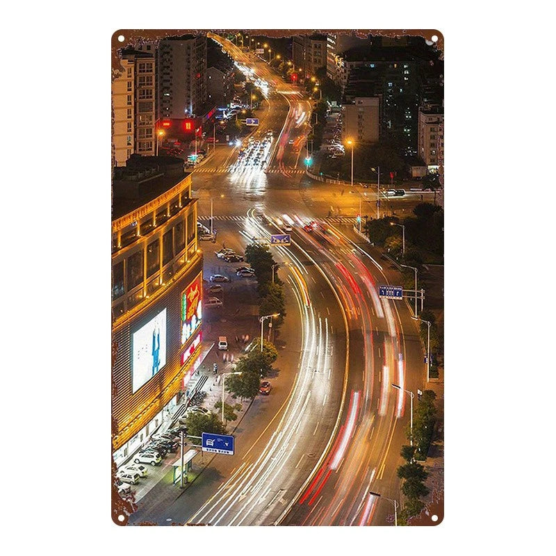 City Nightscape Light Trails Funny Aluminum Sign — product artwork