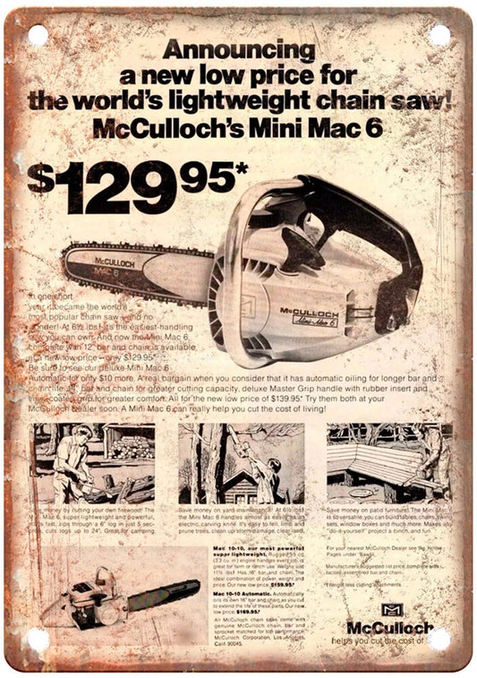 Vintage Chain Saw Mccullochs Mini Mac 1971 Reproduction Aluminum Sign — product artwork
