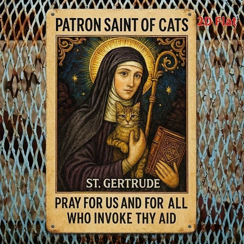 Vintage Christmas Saint Gertrude Cat Latin Prayer Aluminum Sign — product artwork