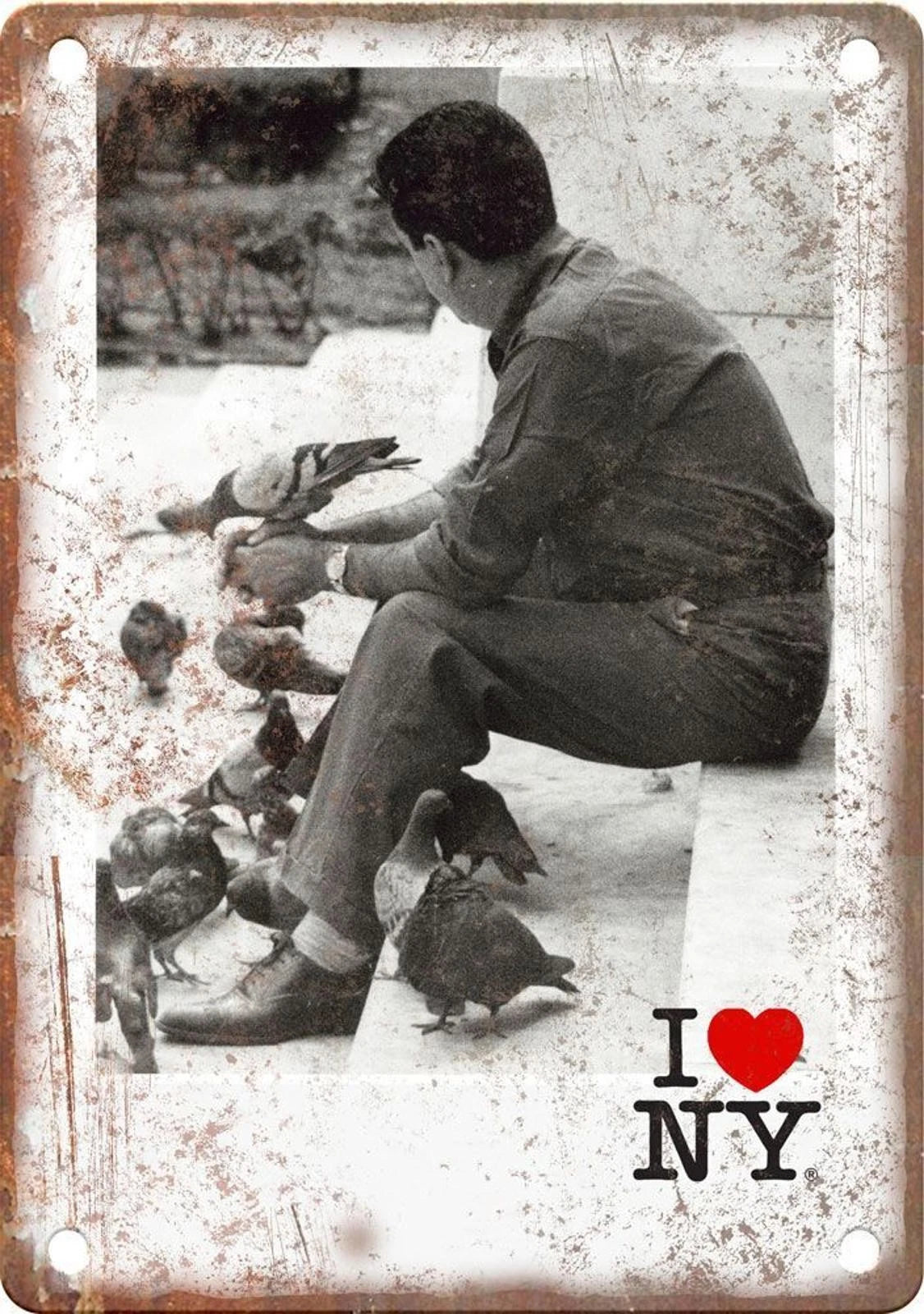 I Love New York Man Feeding Pigeons Aluminum Sign — product artwork