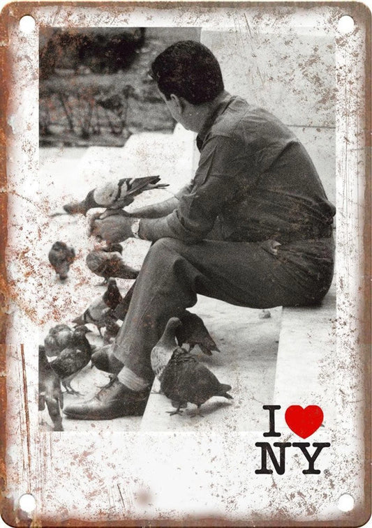 I Love New York Man Feeding Pigeons Aluminum Sign — product artwork