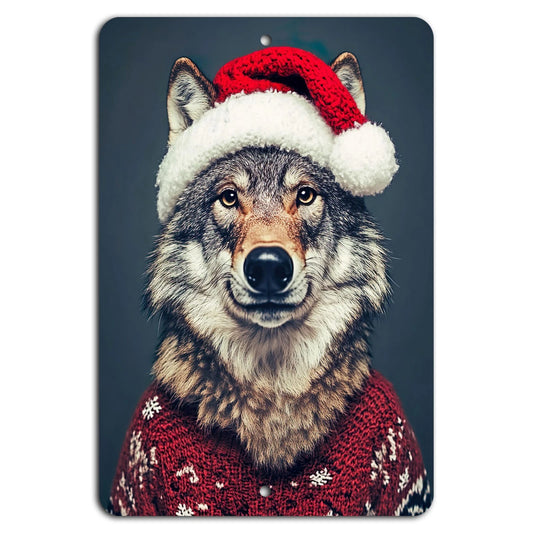 Holiday Wolf Vertical Rustic Christmas Aluminum Sign — product artwork