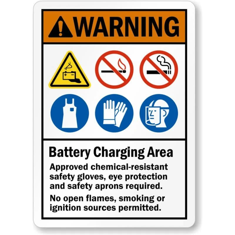 Warning Battery Charging Area Eye Protection and No Open Flames Sign — product artwork