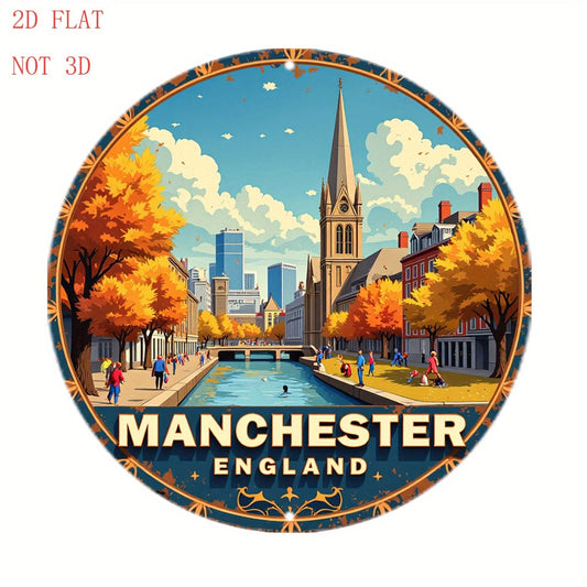 Funny City Skyline Waterway Autumn Round Aluminum Sign — product artwork