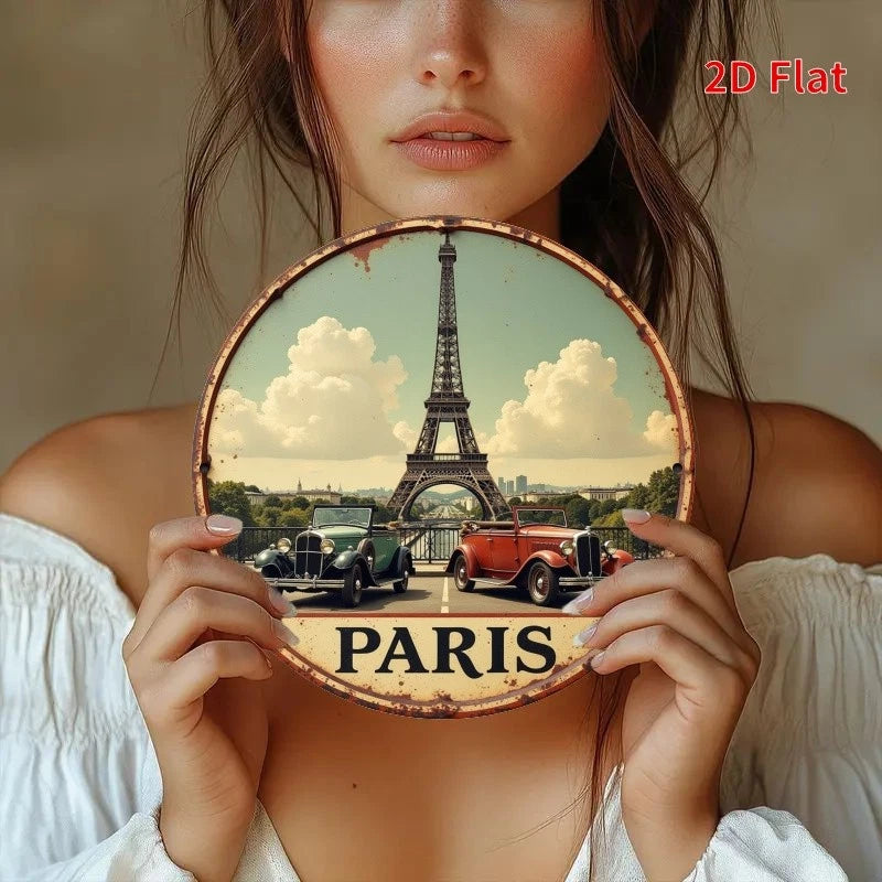 Eiffel Tower Funny Nostalgia Round Aluminum Sign — product artwork