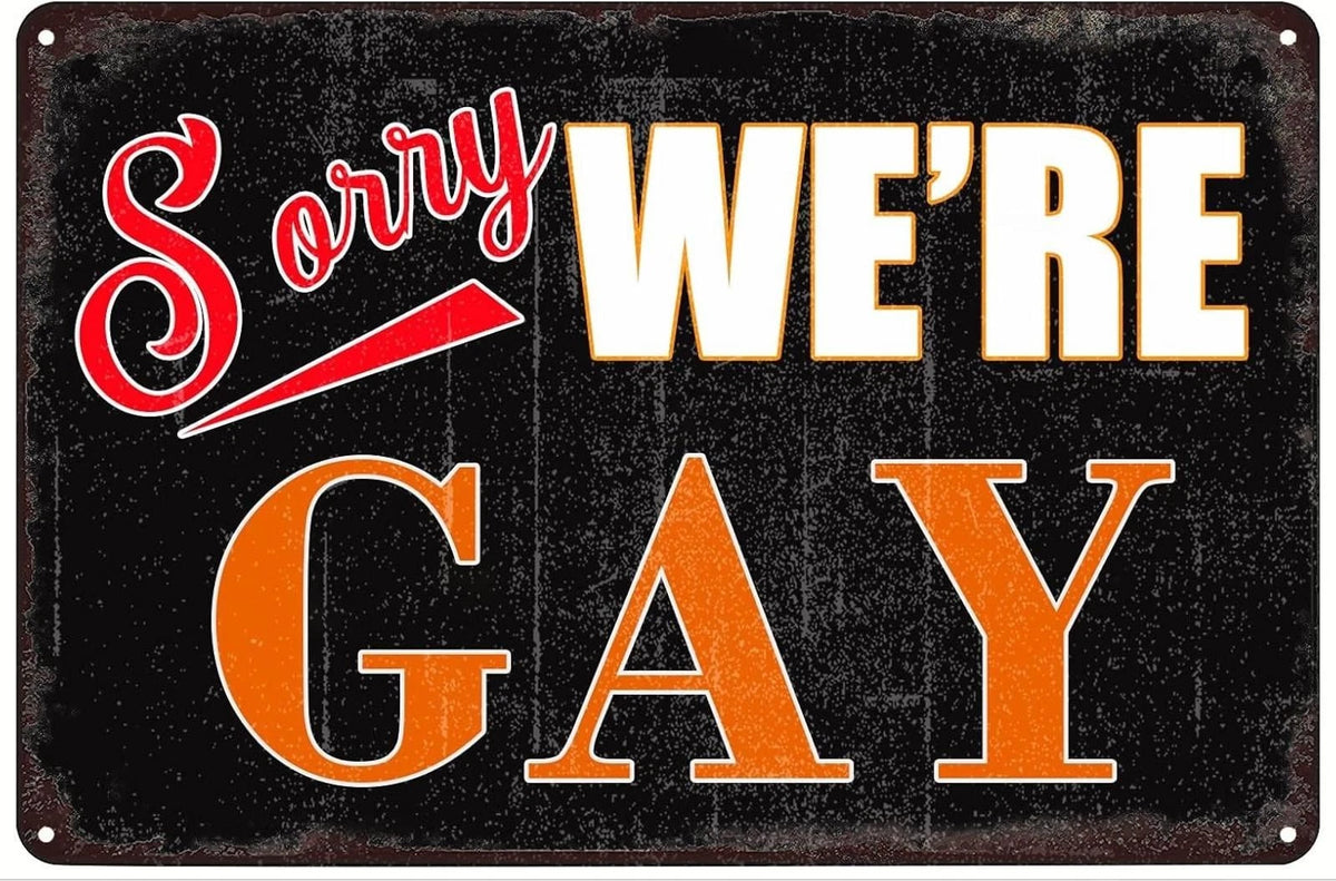 Tin Sorry We Are Gay Funny Aluminum Sign — product artwork