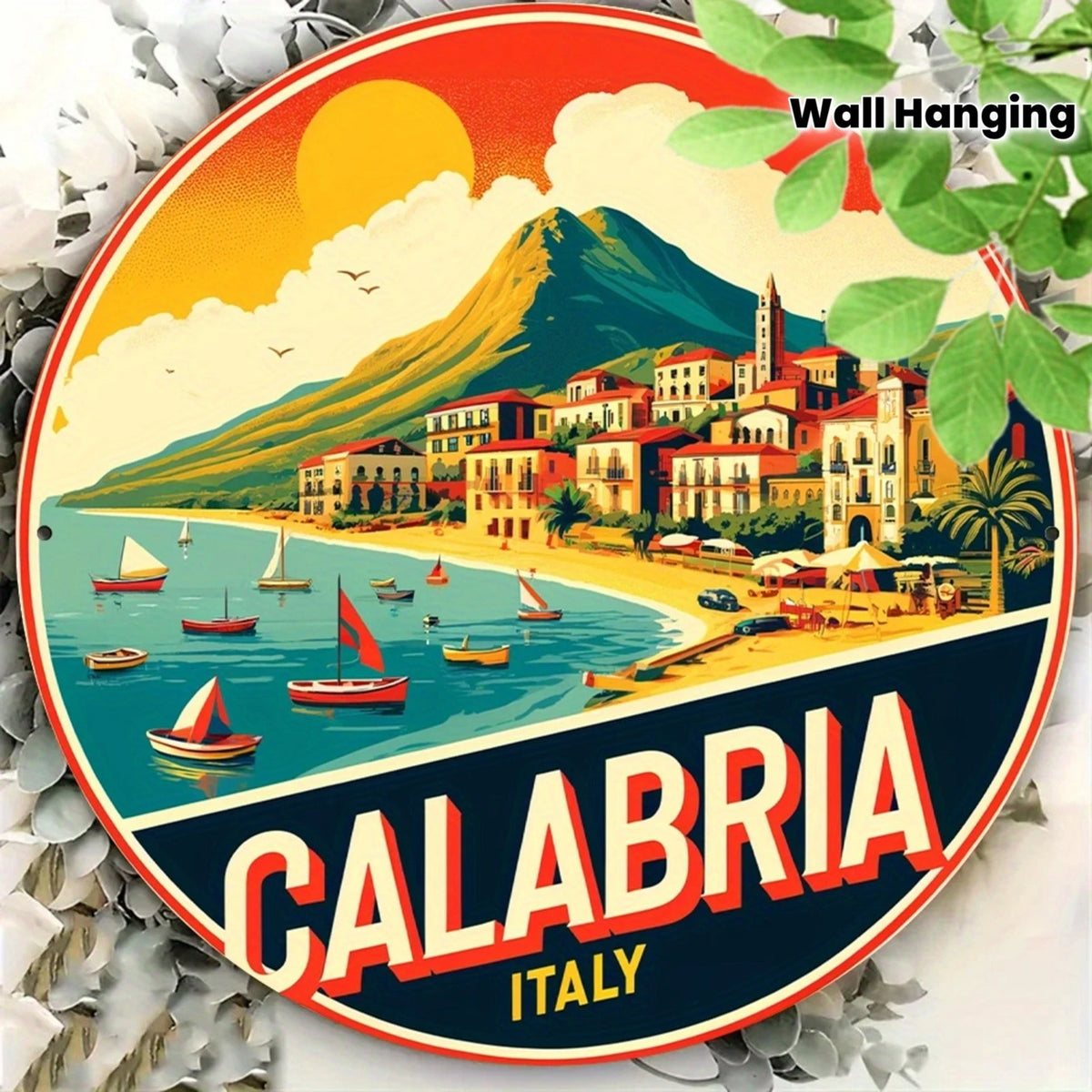 Italy Wall Art Italy Coastal Town Calabria Scenic Boats Mountains Round — product artwork