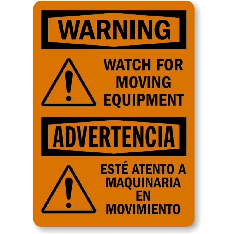 Bilingual Moving Equipment Warning Aluminum Sign — product artwork
