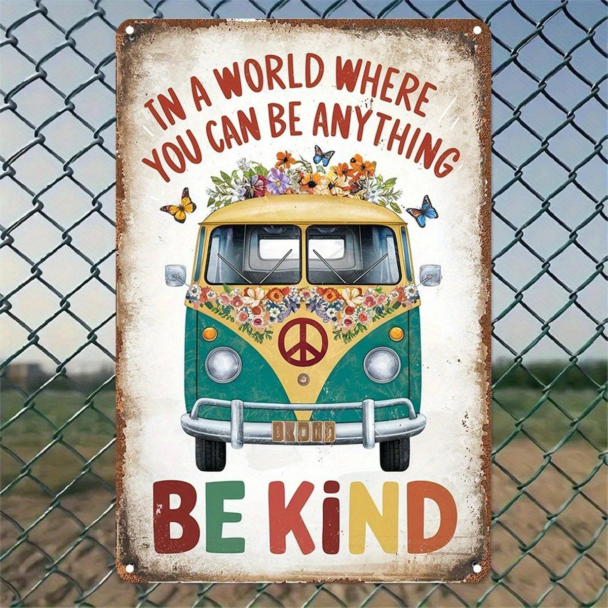 Vintage Hippie Van Funny Boho Floral Aluminum Sign — product artwork