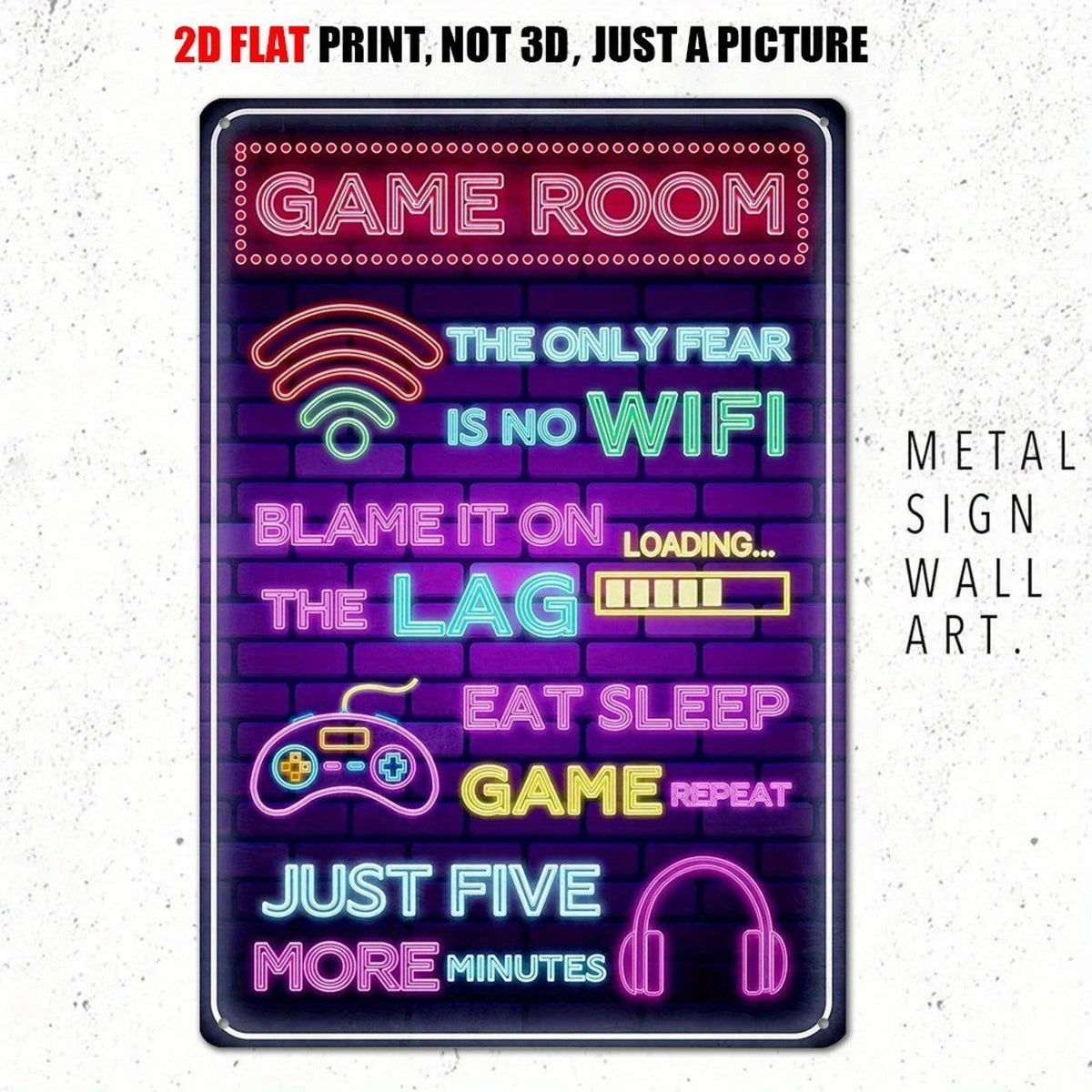 Game Room Funny Neon Gaming Wall Art Aluminum Sign — product artwork