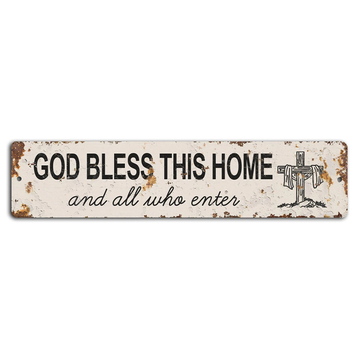 God Bless This Home and All Who Enter Rustic Jesus Cross Aluminum Sign — product artwork
