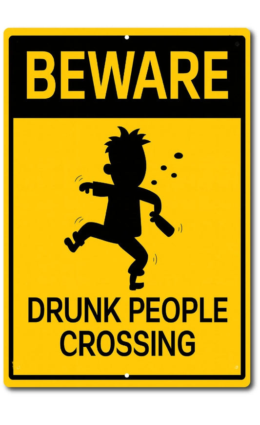 Drunk People Crossing Garage Aluminum Sign — product artwork