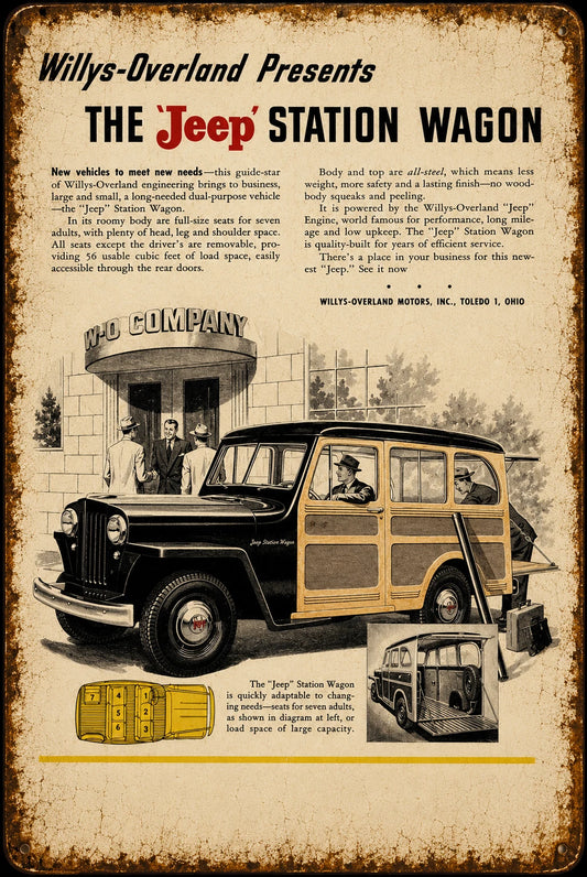 Willys-Overland Jeep Station Wagon Business Vintage Advertisement Aluminum Sign — product artwork