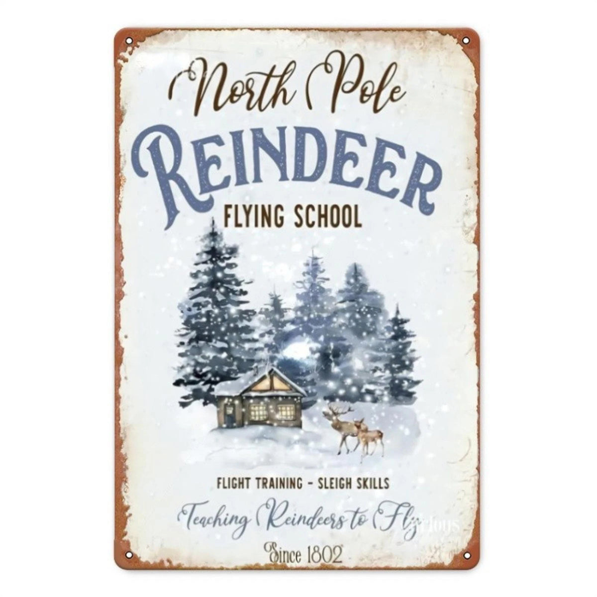 Reindeer Vintage North Pole Flying School Aluminum Sign — product artwork