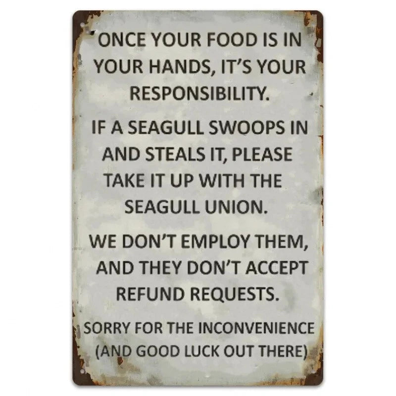 Vintage Coastal Funny Seagull Warning Text White & Aluminum Sign — product artwork