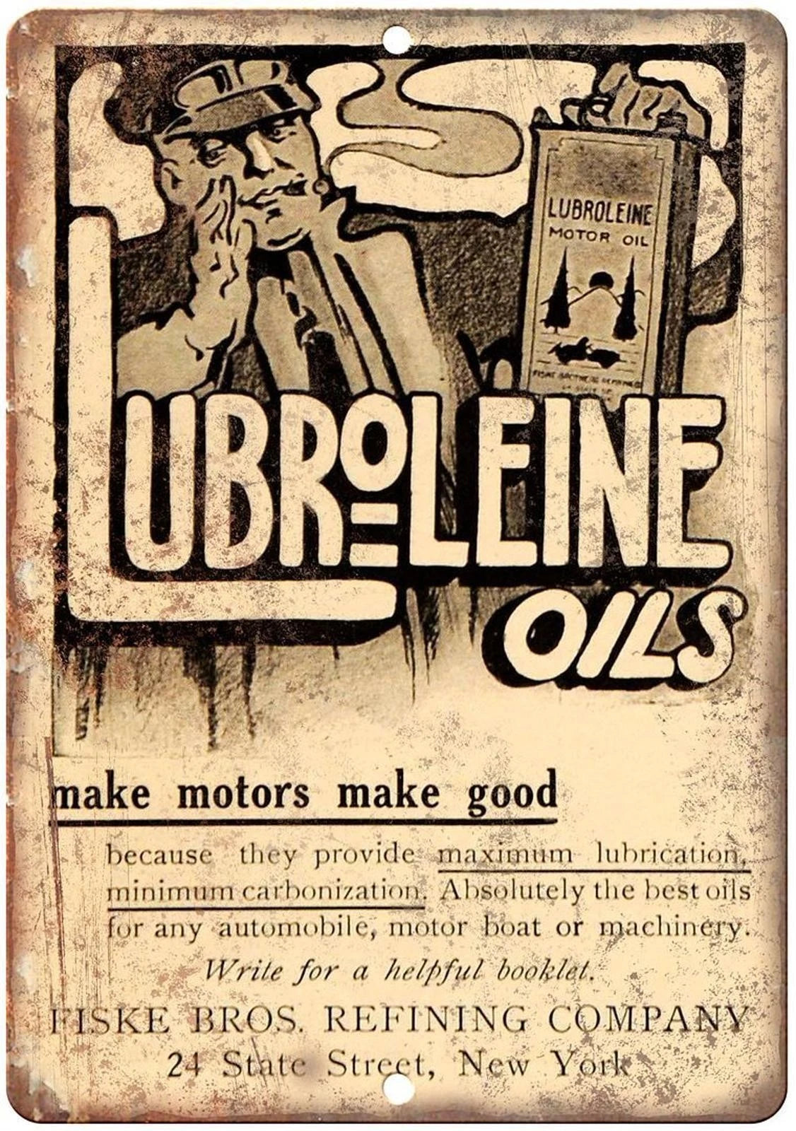 Motor Oil Lubroleine Vintage Funny Aluminum Sign — product artwork