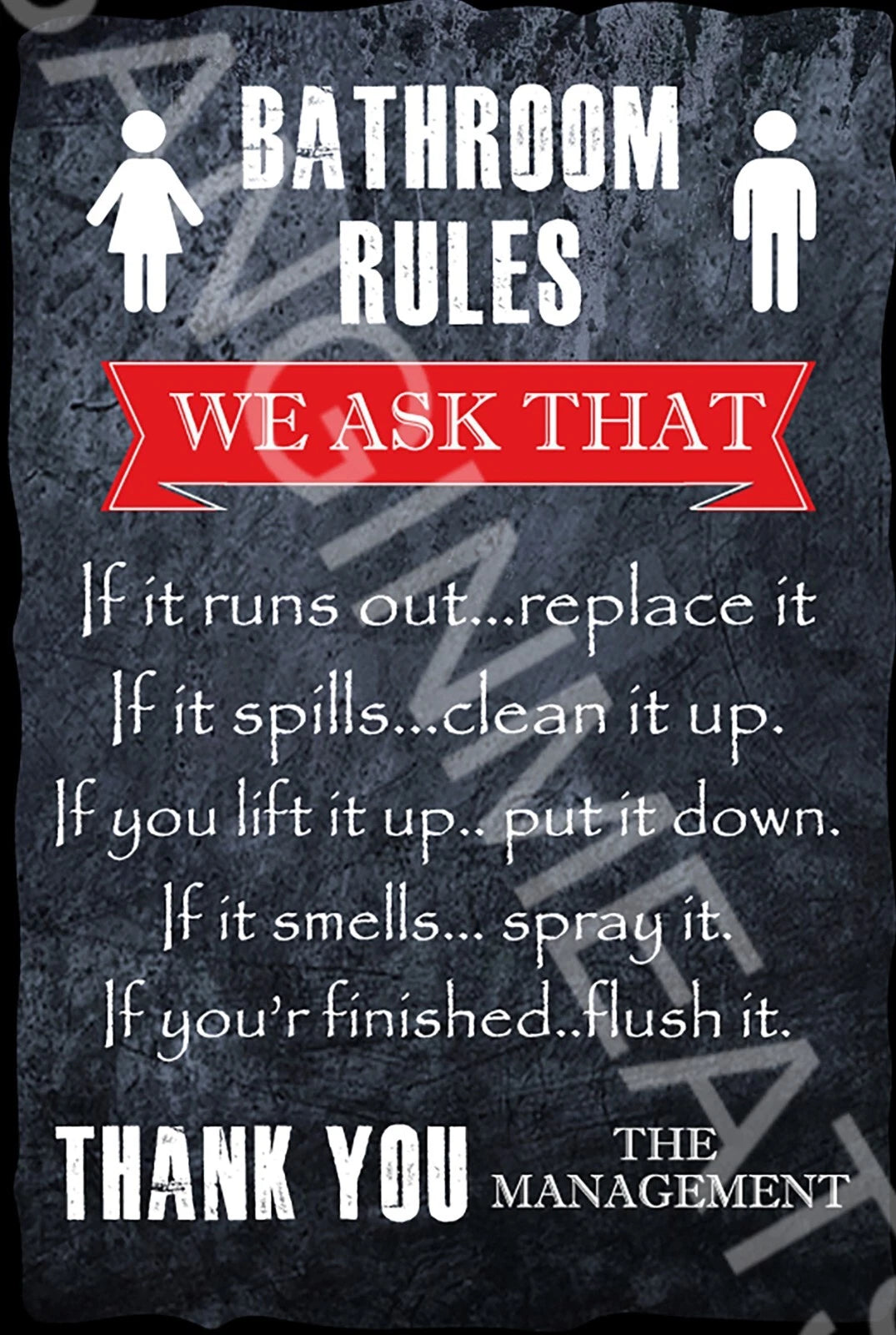 Bathroom Rules Replace Clean Spray and Flush Funny Aluminum Sign — product artwork