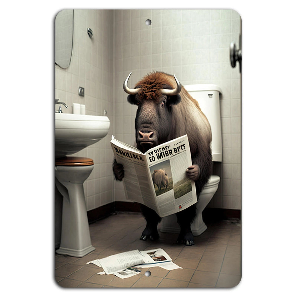 Wildlife Bathroom Rustic Bison Humorous Aluminum Sign — product artwork