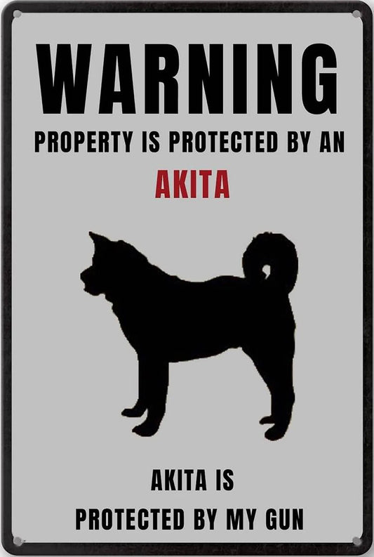 Protected by an Akita Funny Aluminum Sign — product artwork