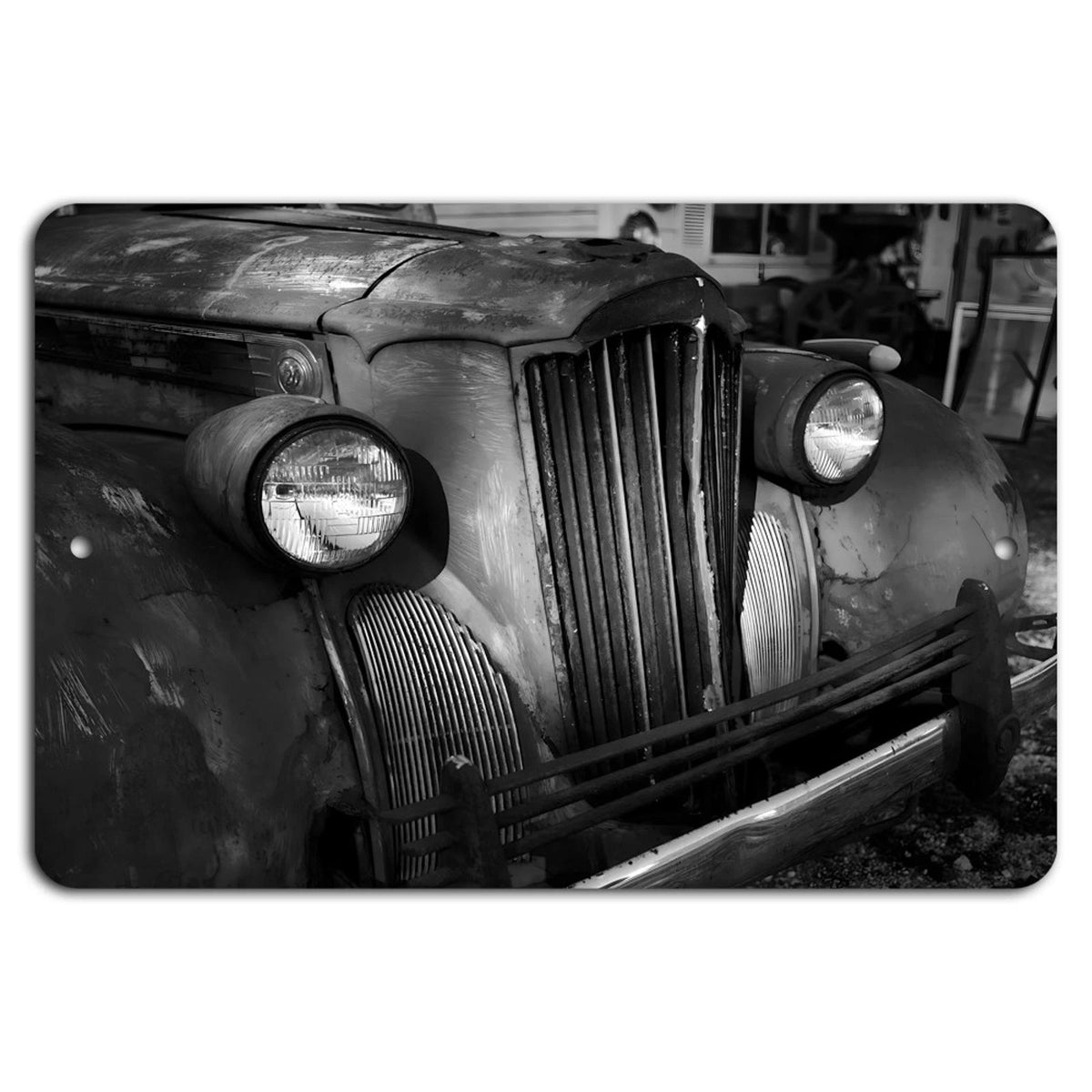 Rusty Vintage Car Front Grille Aluminum Sign — product artwork