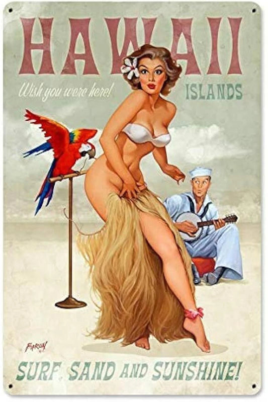 Vintage Tin Pinup Girl Navy Man Hawaii Art Aluminum Sign — product artwork